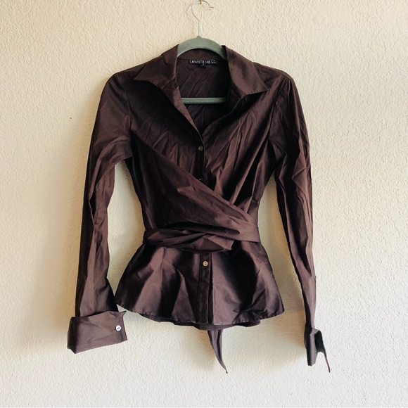 Lafayette 148 New York Tops - LAFAYETTE 148 Brown Button Down Shirt with Attached Belt Tie and Loops Size 2